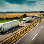 Several trucks driving on the highway
